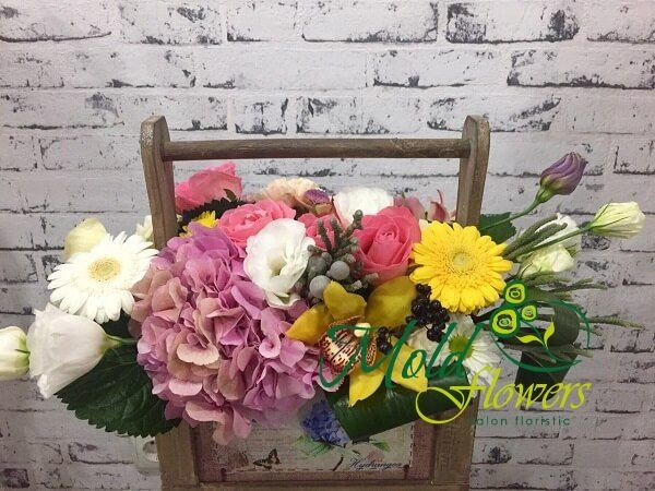 Коробка с розовыми гортензиями, розами, желтыми герберами, орхидеями, белыми эустомами, герберами и аспидистрой фото