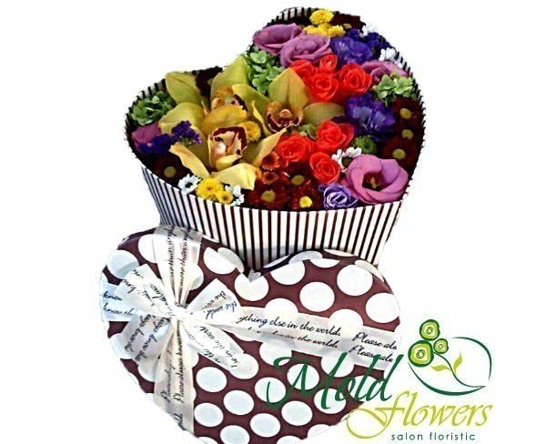 Heart box with orange roses, burgundy chrysanthemum, yellow orchid, purple and pink eustoma photo
