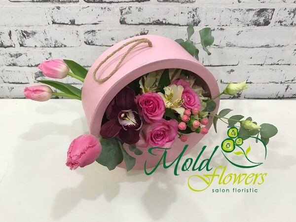 Круглая розовая коробка с розовыми розами, тюльпанами, гиперикумом, белой эустомой, бордовой орхидеей цимбидиум и эвкалиптом фото