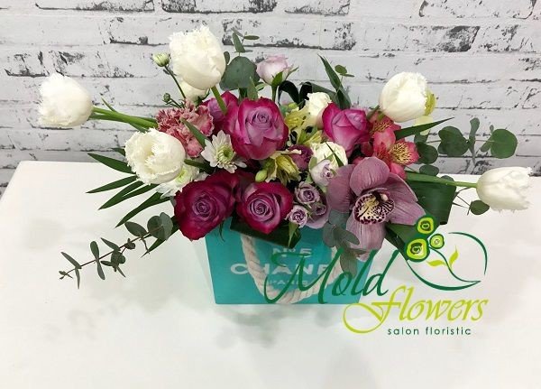 Tiffany color box with roses, orchid, alstromeria, carnation, tulips, chrysanthemum and eucalyptus photo