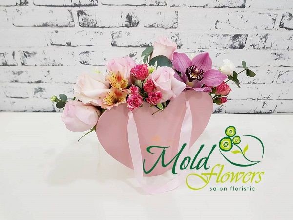 Pink heart box with roses, orchid, small flowered rose, chrysanthemum, eustoma, alstromeria photo