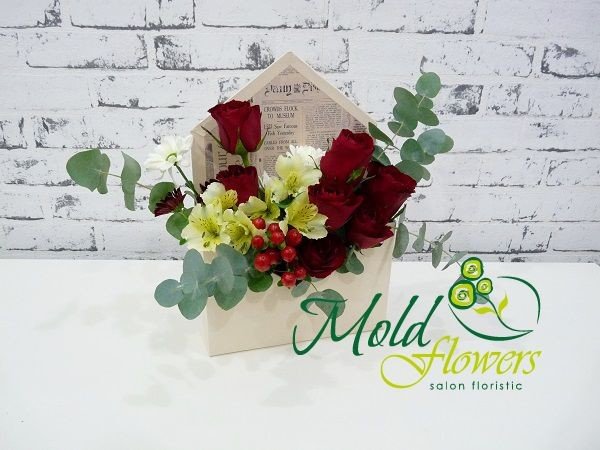 Envelope with red rose, alstromeria, chrysanthemum and eucalyptus photo