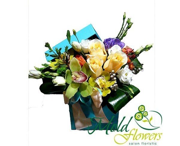 Turquoise box with roses, cymbidium orchid, eustoma, chrysanthemum and brunia photo