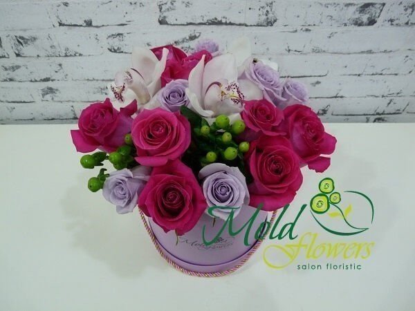 Lilac box with purple roses and cyclamen roses, white cymbidium orchid and green hypericum photo
