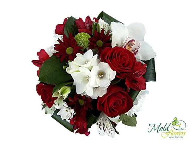 Small white box with red roses, orchid, chrysanthemum, alstromeria photo
