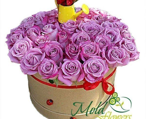 Коробка натурального цвета с фиолетовыми розами и фигуркой лейки фото