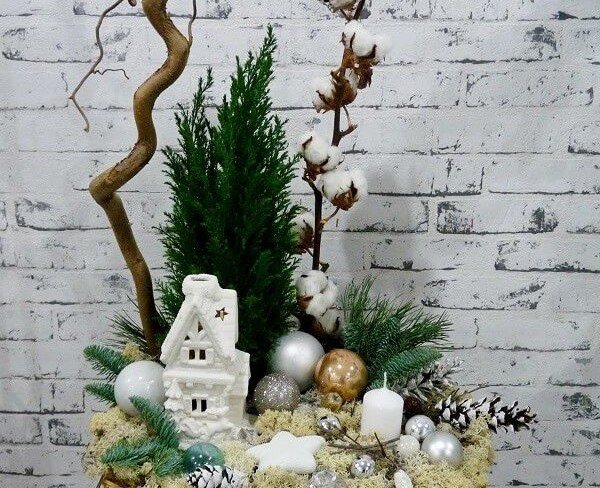 Basket with spruce tree, Christmas toys, cones, house, candle, cottonwood, spruce branches photo