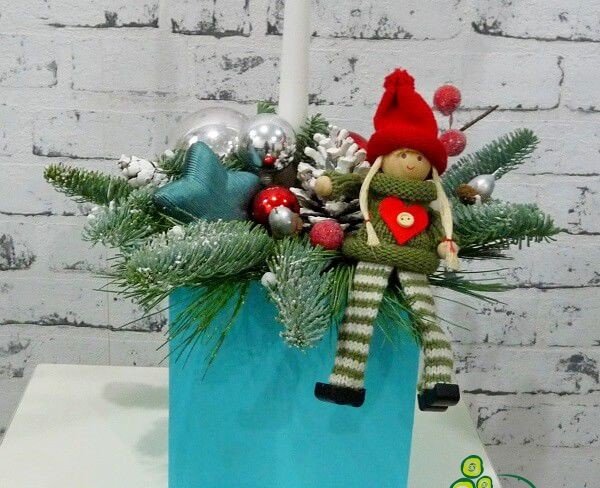 Blue box with white candle, pinecones, Christmas toys, decorative doll, star, sprigs of spruce photo