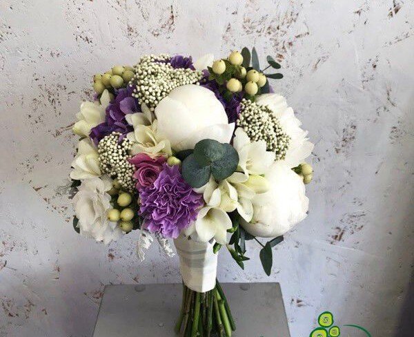 Bridal Bouquet with White Peony, Freesia, Purple Hydrangea, Carnations, and Eucalyptus + Boutonniere photo