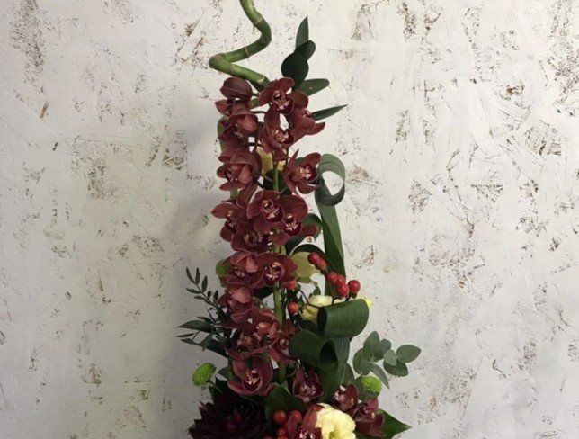 Коробка с бордовой орхидеей цимбидиум, георгиной, зеленой хризантемой, кремовой эустомой, красным гиперикумом фото