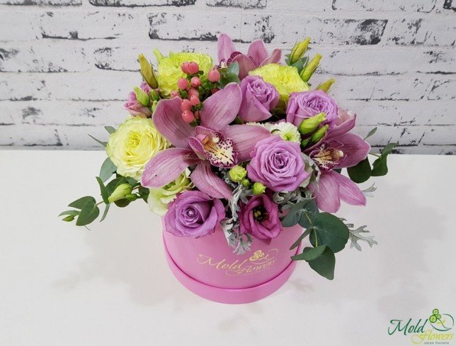 Pink box with pink roses, orchids, eustoma, hypericum, green eustoma, eucalyptus photo