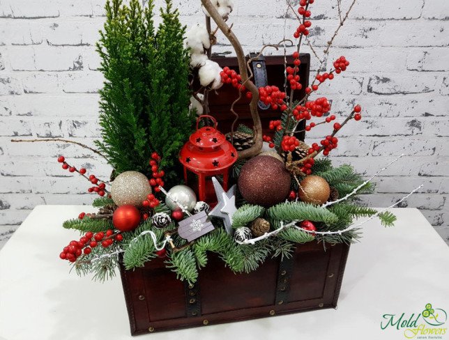 Chest with thuja, sprigs of spruce, pinecones, cotton, Christmas toys, rowan tree, decorative lantern photo