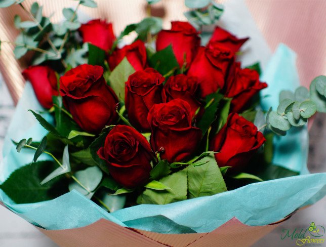 Bouquet of red roses in pink and blue paper photo