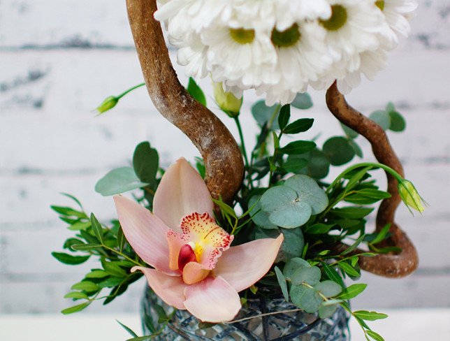 Composition with white chrysanthemums, eustomas, pink orchid, eucalyptus photo