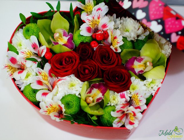 Red heart box with red roses, green orchids and chrysanthemums, white alstromeria and chrysanthemums photo