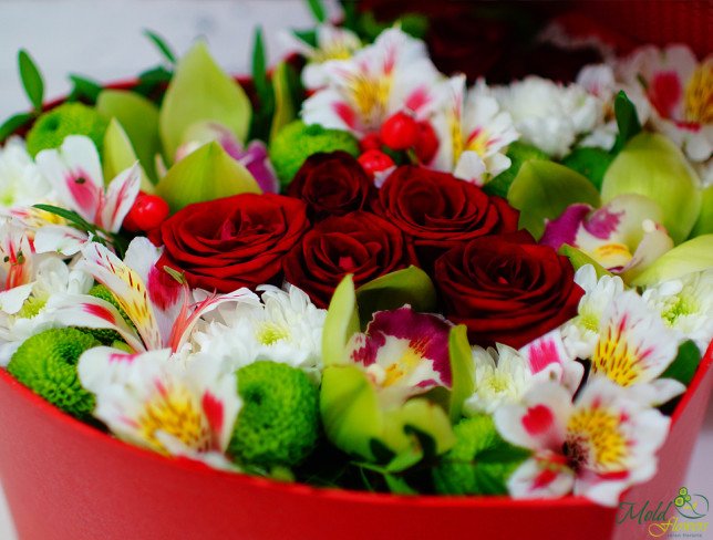 Red heart box with red roses, green orchids and chrysanthemums, white alstromeria and chrysanthemums photo