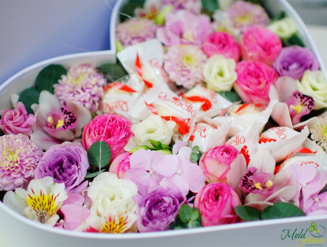 Коробка сердце с фиолетовой розой, хризантемой, розовыми мелкоцветками, орхидеями, гортензией, альстромерией фото