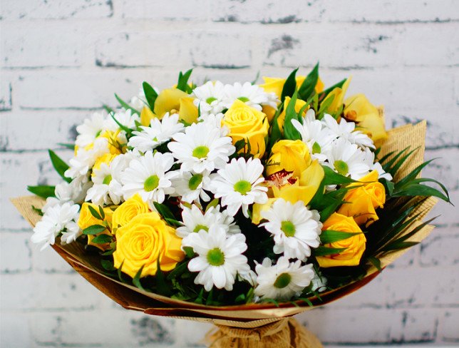 Bouquet with Yellow Roses, Chrysanthemum, and Orchid 2 photo