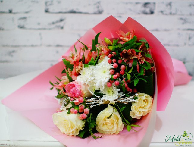 Bouquet of pink alstromeria, hypericum, white and pink roses, white chrysanthemums photo