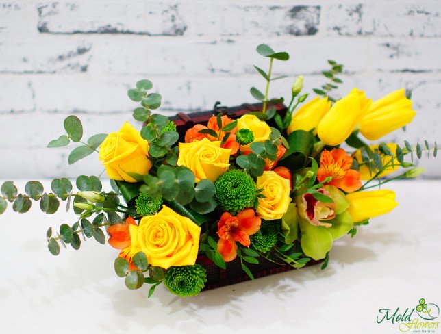 Chest with yellow tulips, roses, orchid, orange alstromeria, green chrysanthemum, eucalyptus photo