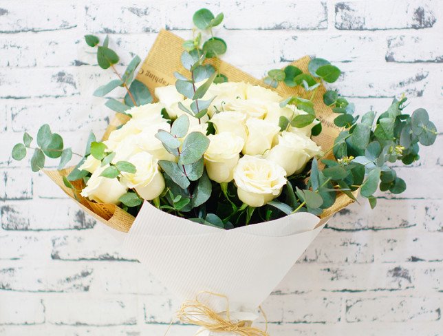 Large bouquet of white roses, eucalyptus photo