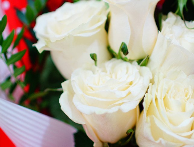 Букет из белых роз, эвкалипта в бело-красной бумаге фото