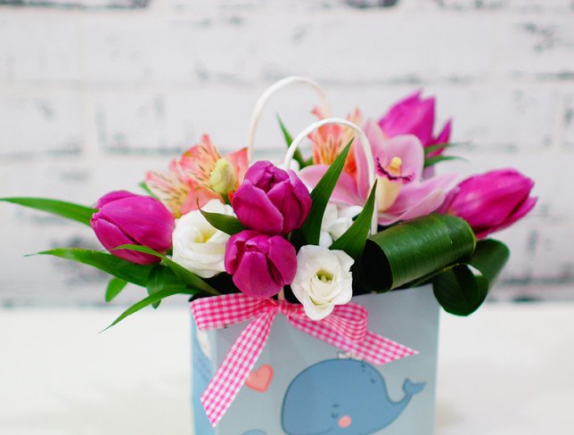 Handbag with Pink Orchids and Tulips photo