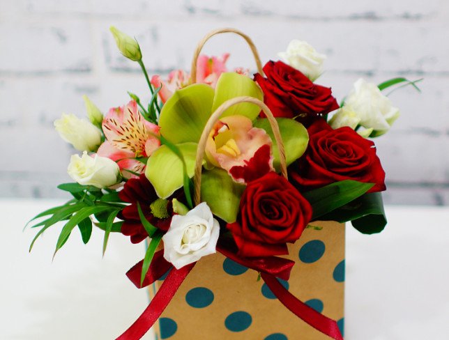 Handbag with Red Roses and Green Orchids photo