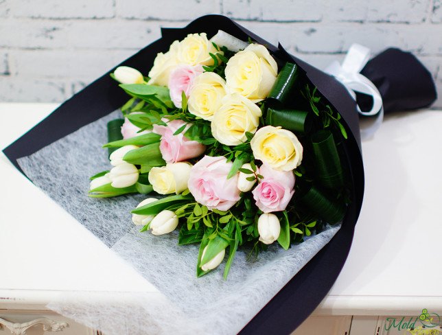 Bouquet of pink and cream roses, white tulips, aspidistra, pistachio photo