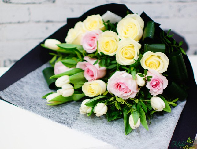 Bouquet of pink and cream roses, white tulips, aspidistra, pistachio photo