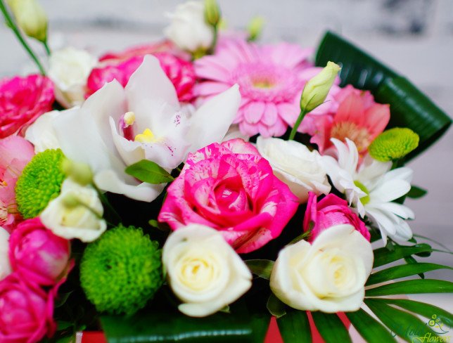 Коробка из белых и розовых роз, розовой герберы, альстромерии, белой орхидеей, эустомы, зеленых хризантем, чика фото
