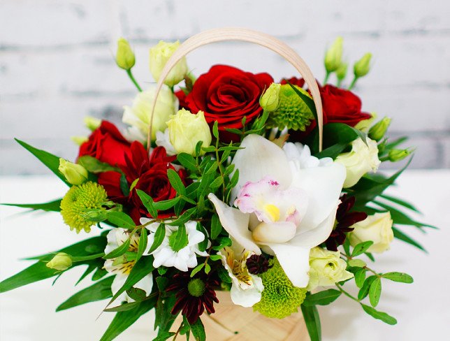 Coș de trandafiri roșii, crizanteme, orhidee albă, crizantemă, alstromeria, crizantemă verde, chica foto