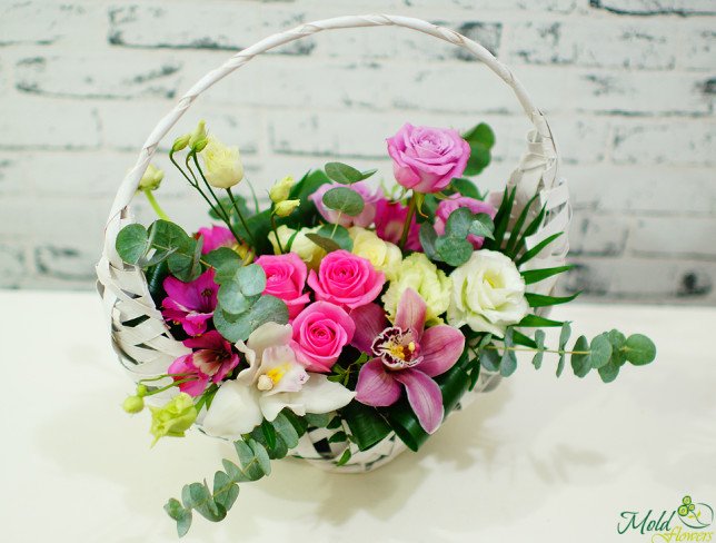 Coș de trandafiri roz, alstromeria, orhidee cymbidium albă și roz, eustomas albe, eucalipt, chica foto