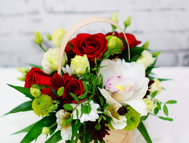 Basket of red roses, chrysanthemums, white orchid, chrysanthemum, alstromeria, green chrysanthemum, chica photo
