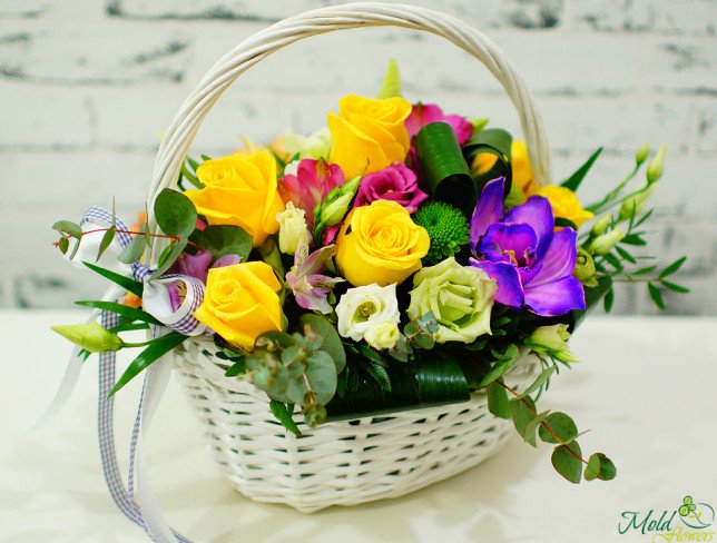Basket of yellow roses, white and pink eustoma, purple orchid, pink and purple alstroemeria, eucalyptus photo