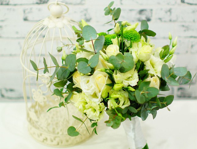 Bridal Bouquet with White Roses, Eustoma, Chrysanthemums, and Eucalyptus photo