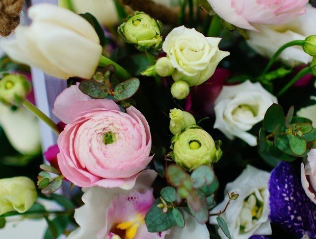 Box with white orchids, eustoma, tulips, pink ranunculus, eustoma, purple orchid, alstroemeria, eucalyptus photo