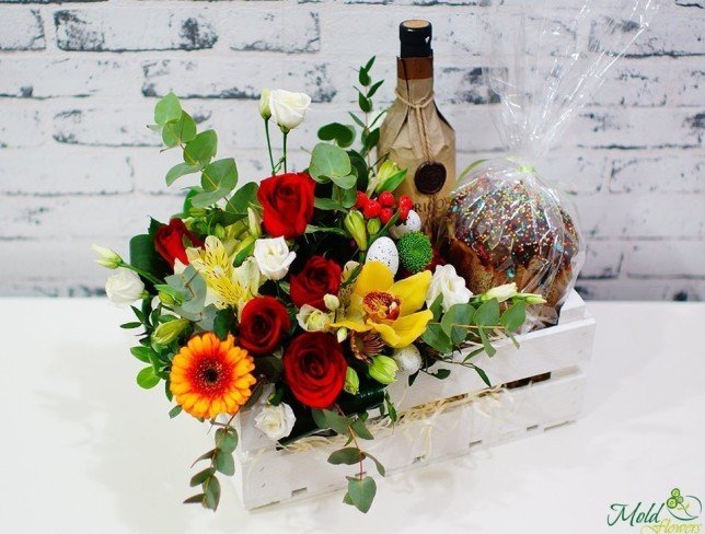 Box of roses, hypericum, eustoma, alstroemeria, gerbera, orchids, Easter, bottle of wine photo