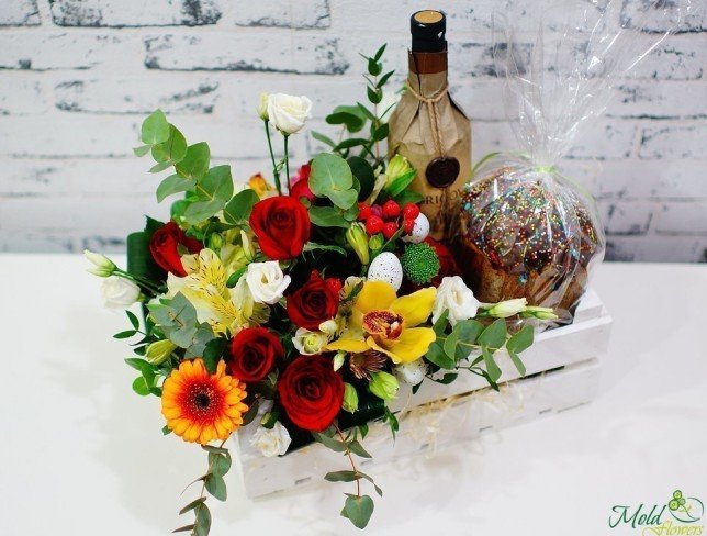 Box of roses, hypericum, eustoma, alstroemeria, gerbera, orchids, Easter, bottle of wine photo