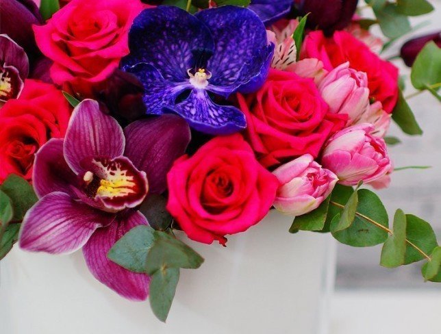 White box with roses, vanda orchids, tulips, cymbidium orchids, alstroemeria, eucalyptus photo