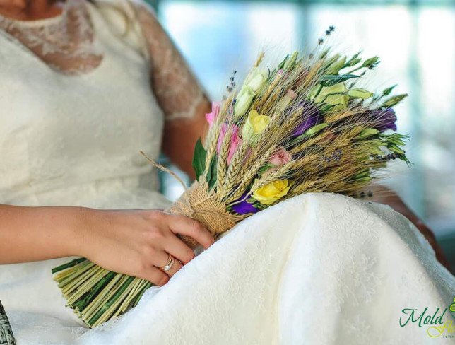 Bridal Bouquet with Wheat Stalks, Eustoma, and Roses photo