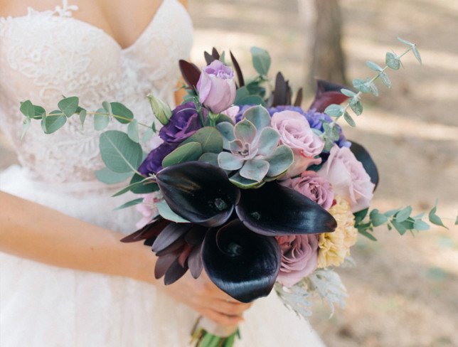 Bridal Bouquet with Black Calla Lilies, Blue Hydrangea, Purple Roses, Eucalyptus, and Succulents photo