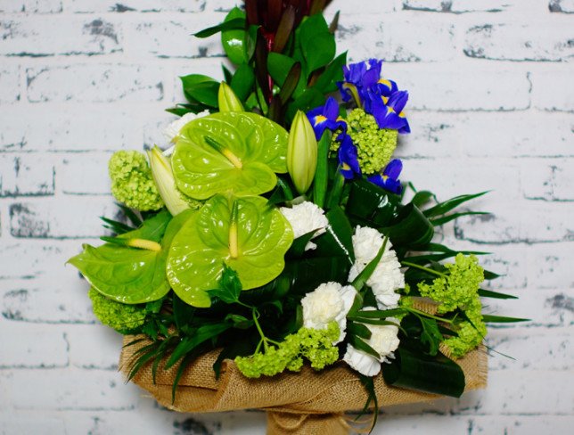 Bouquet of anthurium, mini hydrangea, carnations, lilies, irises, leucadendron, ruscus, chick photo