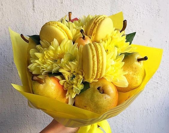 Fruit Bouquet with Pears, Chrysanthemums, and Macarons (made to order, 1 day) photo