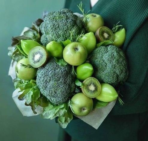 Fruit and Vegetable Bouquet with Apples, Kiwi, Green Bell Peppers, and Broccoli (made to order, 1 day) photo