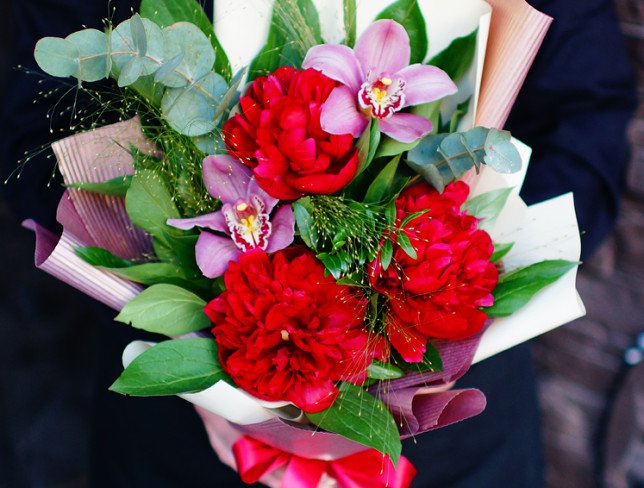 Bouquet with peonies and orchids photo