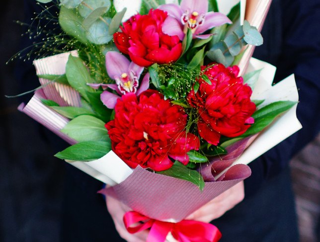 Bouquet with peonies and orchids photo