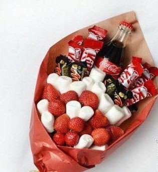 Bouquet of strawberries, marshmallows, Coca-Cola, and chocolate (made to order, 1 day) photo