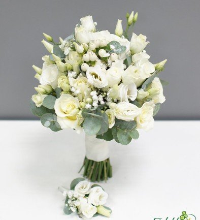 Bridal bouquet of white roses, eustoma, hypericum, gypsophila, and eucalyptus + boutonniere photo 394x433