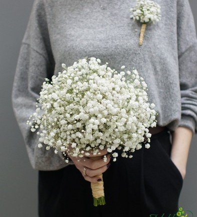 Bridal bouquet of gypsophila + boutonniere photo 394x433